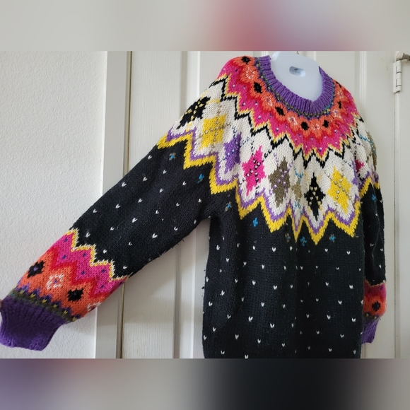✨️HP✨Kitty Hawk | Colorful 90s VTG Chunky Knit Argyle Sequins Wool Blend Sweater - Picture 7 of 13